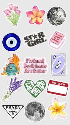 various stickers that include flowers and other things in the shape of an eyeball