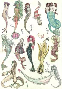 an illustration of mermaids with different body shapes and hair, all in various colors