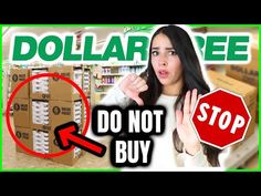 a woman standing in front of boxes with the words dollar tree do not buy on it