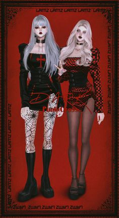 two women dressed in gothic clothing standing next to each other on a red and black background