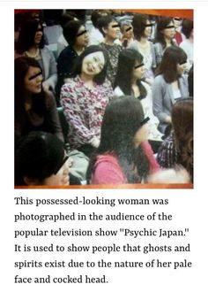 a group of people sitting next to each other in front of a screen with the caption'this possession - looking woman was photographed in the audience of the popular television show psychic japan