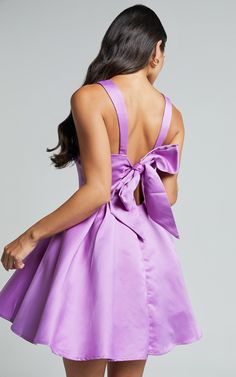 Purple Dress Formal, Purple Hoco Dress, Hoco Dress Short, Tiny Dress, Cute Formal Dresses, Tie Back Dress, Semi Formal Dress, Purple Mini Dresses, Flirty Dresses