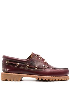 bordeaux red leather front lace-up fastening eyelet embellishment leather trim rubber lug sole African Shirts For Men, Balenciaga Track, Loafer Slippers, Timberlands Shoes, Leather Moccasins, Timberland Mens, Espadrille Shoes, Lug Sole, Loafer Shoes