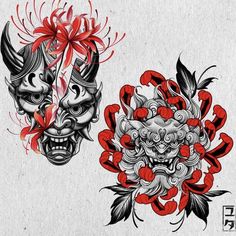 Lion Drawing Tattoo, Ronin Tattoo, Tattoo Upper Arm, Japanese Flash, Mythology Drawing, Oni Mask Tattoo, Hannya Mask Tattoo, Drawing Arms, Chrysanthemum Tattoo