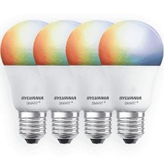 four different types of light bulbs with the same color on each bulb and one is white