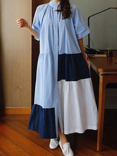 Casual Short Sleeve Patchwork Maxi Dress, Blue Patchwork Maxi Dress With Short Sleeves, A Line Long Dress, Mode Kimono, Cozy Dress, Mode Abaya, Mode Hijab, Picture Size, 가을 패션