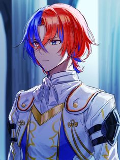 an anime character with red hair and blue eyes wearing armor, standing in front of trees