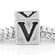 Sterling Silver Alphabet Initial V Cube European Bead Silver Letter Beads Charms For Gifts, Initial V, Bracelet And Necklace, Letter W, Letter V, Block Lettering, Initial Letter, Initial Letters, Antique Finish