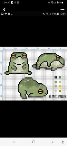 a cross stitch pattern with an image of a green turtle and two smaller turtles on it