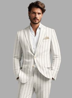 Embrace the laid-back luxury while maintaining impeccable style in the Solbiati Ivory Wide Stripe Linen Jacket. Crafted from pristine linen fabric, it showcases a captivating wide stripe pattern in a rich luxurious shade, this jacket epitomizes effortless sophistication. Its comfortable draping ensures ease of movement, making it an impeccable choice for a variety of occasions. Whether attending a beachside wedding, a summer garden party, or a sophisticated cocktail soirée, this jacket has got you covered.     About Solbiati Pericle Collection :  A blend of artisan craftsmanship and the finest linen, designed for those who cherish classic elegance with a modern twist. Our collection offers unparalleled comfort and impeccable style. With the freedom to explore vibrant textures and colors, f Beachside Wedding, Italian Suit, Summer Garden Party, Linen Suits, Tweed Suits, Linen Suit, Wide Stripes, Linen Jacket, Fine Linen