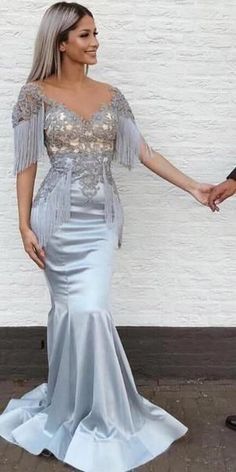 mermaid silver prom dresses with appliques Dress For Body Shape, Short Sleeve Prom Dresses, Grey Evening Dresses, Wedding Dresses High Low, Grey Prom Dress, Sell Dresses, Custom Prom Dress, Mother Wedding Dress, Sweetheart Prom Dress