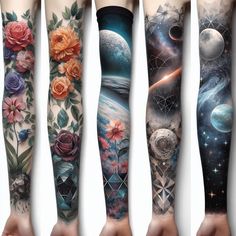 four different tattoos with flowers and planets on their arms, one is in the air