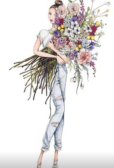 a watercolor drawing of a woman holding flowers