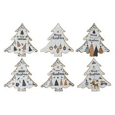 six wooden christmas trees with words on them