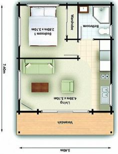 the floor plan for a small house with two beds and an attached living room area