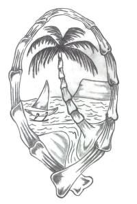 a drawing of a palm tree and sailboat in the ocean with ribbon around it