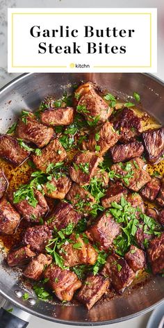 garlic butter steak bites in a pan with herbs