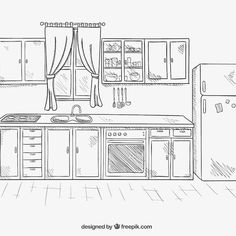 Room Sketch, Modern Mid Century Kitchen, Mid Century Kitchen Remodel, Kitchen Drawing, Cottage Style Kitchen, Interior Architecture Drawing, Kitchen Design Color, Kitchen Tiles Design, Interior Design Drawings