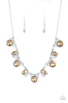 "​BLING to Attention": A timeless array of round and marquise-cut white and golden topaz rhinestones delicately link into a collection of sparkly clusters, creating a scattered shimmer below the collar. Features an adjustable clasp closure. Sold as one individual necklace. Includes one pair of matching earrings. Paparazzi Jewelry Images, Happy Jewelry, Brown Bracelet, Bling Necklace, Brown Necklace, Paparazzi Accessories, White Rhinestone, Paparazzi Jewelry, Rhinestone Necklace