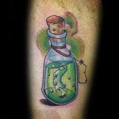 a man's leg with a tattoo on it that has a green bottle filled with liquid