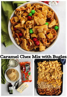 two pictures showing different types of cereal mix with bugles and m & m's