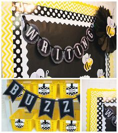 a yellow and black birthday party with buntings, honeycombs and bee decorations