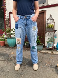 "Upcycled from inc (international concepts) boyfriend jeans size 12. There is stretch to these jeans. Patches are cotton. Upcycled patchwork includes adorable mouse.  All fabric prewashed/shrunk. Recommend machine wash inside out, hang to dry or tumble dry.  Waist 34-36\"  Hips (measured 8\" below waistline) 44\" (unstretched) front rise 11\" Back rise 17\" inseam 29\" outer seam 39\" leg opening 14\"  My home is smoke free. Clothing is measured while laying flat and unstretched. I highly recommend taking the time to measure something that fits you well for comparison. Remember that you need breathing room that is not included in the measurements.  Any flaws are described above. All items are sent with delivery confirmation and insurance in the U.S. and First Class International. 30% of th Light Wash Patchwork Cotton Jeans, Casual Straight Leg Jeans With Collage Stitching, Casual Recycled Denim Bottoms With Collage Stitching, Casual Bottoms In Recycled Denim With Collage Stitching, Casual Recycled Denim Jeans With Collage Stitching, Casual Jeans With Collage Stitching In Recycled Denim, Jeans Patches, Hippie Jeans, Breathing Room