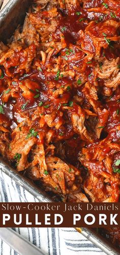 slow cooker jack daniels pulled pork recipe in a casserole dish with text overlay