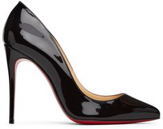 Patent leather heels in black. · Pointed toe · Gold-tone logo stamp at tan buffed leather footbed · Covered stiletto heel · Signature red leather sole · Heel: H4 in Supplier color: Black | Christian Louboutin Black Pigalle Follies 100mm Heels Pigalle Follies, Christian Louboutin Pigalle Follies, Christian Louboutin Pigalle, Patent Leather Heels, Black Heels, Luxury Streetwear, Christian Louboutin Pumps, Leather Heels, Patent Leather