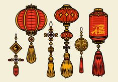 chinese lanterns with tassels hanging from them