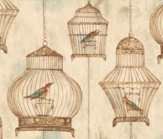 birds in cages hanging from chains on a blue wallpapered background with gold accents