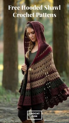 a woman wearing a hooded shawl in the woods with text overlay that reads free crochet hooded shawl pattern