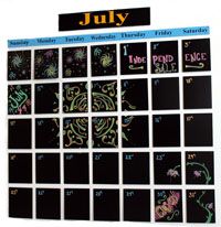 a calendar with the words july written on it and images of flowers drawn in chalk