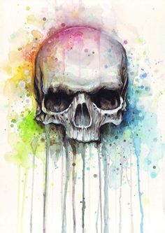 a drawing of a skull with watercolors on it