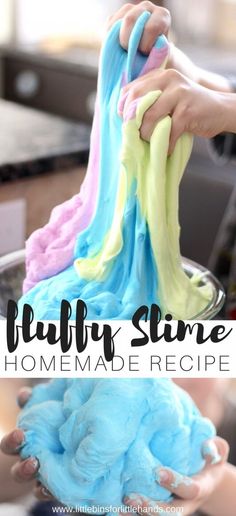 someone is holding some slime in their hands and the text overlay says fluffy slime homemade recipe