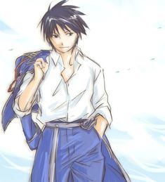 an anime character with black hair and white shirt holding a blue jacket over his shoulder