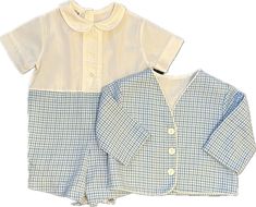 Vintage Toddle Tyke Baby Boy Dress Blue Check Overall Romper w/Jacket 3-6 months | eBay Classic Collared Sets For Spring, Classic Spring Sets With Collared Shape, Blue Collared Fitted Sets, Blue Fitted Collared Set, Spring Long Sleeve Tops For Baptism, Spring Baptism Long Sleeve Tops, Blue Buttoned Set For Spring, Blue Buttoned Sets For Spring, Spring Blue Set With Buttons