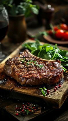 a steak on a cutting board with greens and tomatoes