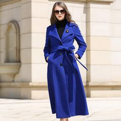 Custom Blue Belted Three Button Fit & Flare Wool Blend Coat Vivian Seven Royal Blue Coat, Cashmere Coat Women, Fit And Flare Coat, Wool Long Coat, Winter Coat Women, Wool Winter Coat, Elegant Coats, Wool Overcoat, Wool Coat Women