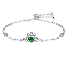 PRICES MAY VARY. ☘️【Design】The Claddagh is a traditional Irish symbol of love, loyalty, and friendship. It features two hands clasping a heart, with a crown on top. Hold you in my palm, care for you and love you. 💍【Size】The claddagh emerald bracelets for women size is 0.41" x 0.82". Sterling silver claddagh bracelet total length is 9" (7"+ 2" adjustable link). 🎁【Ireland Gifts】Claddagh green jewelry comes in a exquisite jewelry gift box，with silver polishing cloth. 💎【Material】The claddagh hear Irish Jewelry Bracelets, Adjustable Birthstone Crystal Bracelet Gift, Gift Crystal Bracelet, Mother's Day Gift Crystal Round Bracelet, Mother's Day Gift Crystal Bracelet, Mother's Day Gift Round Crystal Bracelet, Silver Bracelets For Birthday With May Birthstone, Silver Bracelets For Birthdays With May Birthstone, Silver Bracelet For Birthday, May Birthstone