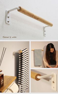 four different pictures showing various items that are hanging on the wall, including a towel rack and radiator