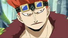 an anime character with red hair and goggles on his head, staring at the camera