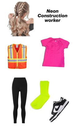 an image of a woman's clothes and shoes with the words neon construction worker written on