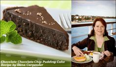 a woman sitting at a table in front of a piece of chocolate cake on a plate