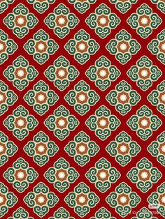 a red background with green and brown designs on it's sides, all in the same pattern