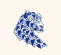 a blue and white drawing of a leopard's head with hearts on its chest