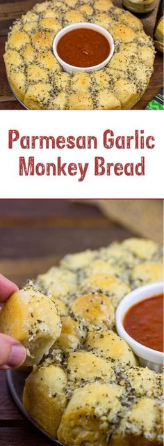 this is an image of homemade parmesan garlic monkey bread on a plate with dipping sauce