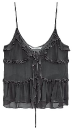 RUFFLED SEMI-SHEER TOP - Anthracite grey | ZARA United States Zara Lace Top, Frill Shirt, Crochet Boho Top, Zara Tank Top, Semi Sheer Top, Black Sheer Blouse, Tiered Tops, Zara Fashion, Pink Ruffle