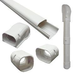 an assortment of different types of white plastic pipes and fittings on a white background