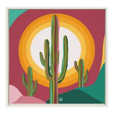 a painting of cactuses in front of a sunset